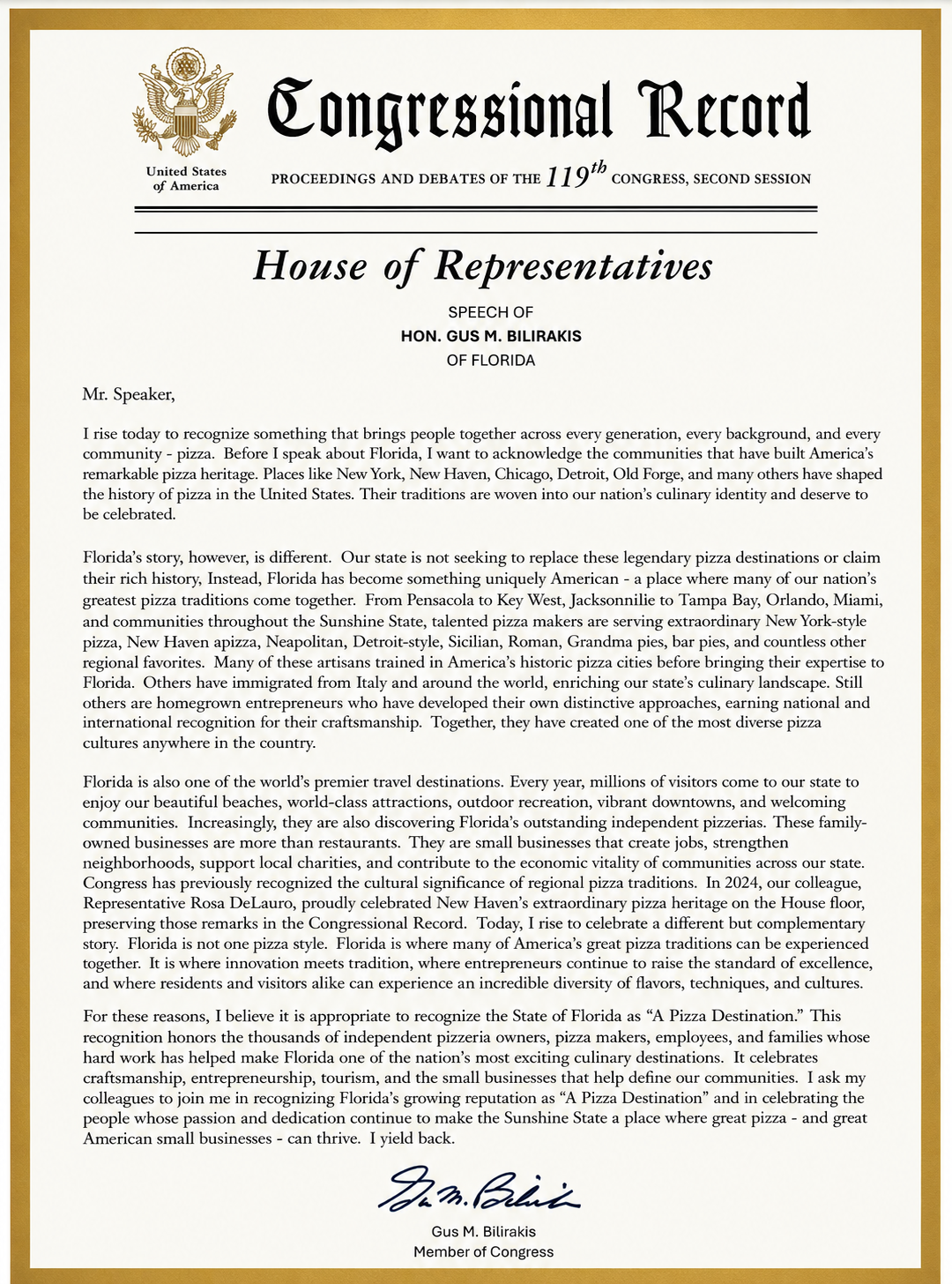 Scan of the U.S. Congressional Record recognizing Pizza Lovers of Florida